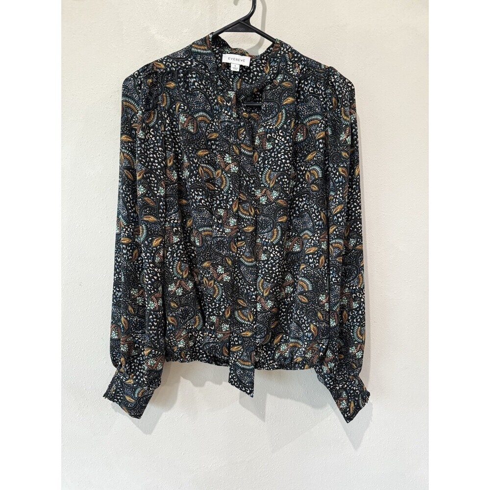Evereve Charlie Tie Neck Blouse Womens Small Paisley Shirt Floral Boho Black Top